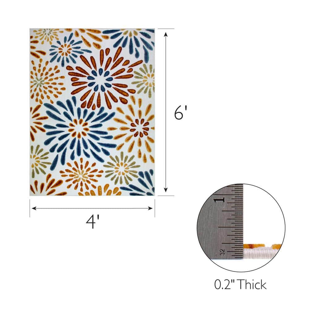 Blue and Gold Floral Indoor Outdoor Area Rug 4'x6'
