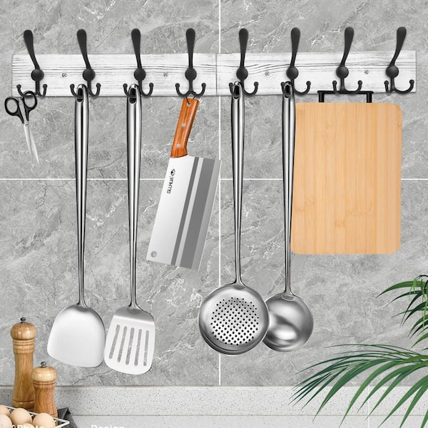 Angel Sar White 31.4 in. Entryway Hanging Coat Rack with 8 Literary Rustic Hooks Rail, Metal Wood Rack for Scarf Bag Towel Key