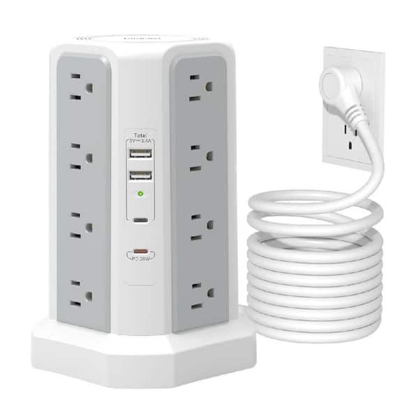 16-Outlet Power Strip Tower Surge Protector with 10 ft. Flat Plug Cord and 4 USB Ports (1 PD 20W) for Home Office, White