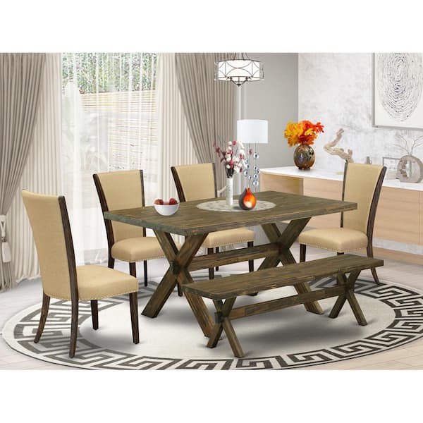 East West Furniture 6-Piece Rectangle Distressed Jacobean Finish Solid Wood Top Dining Table with 1-Bench, 4-Chairs with Lattice Back