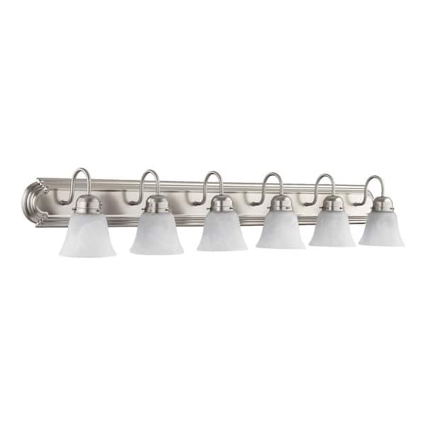 Quorum INTERNATIONAL Traditional 48 in. W 6-Lights Satin Nickel Vanity Lights with Faux Alabaster Glass
