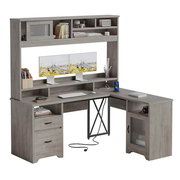 63 in. L Shaped Gray Hutch Ergonomic Computer Desk and Power Hub, Home Office Desk with Sunlight Door and LED Light.