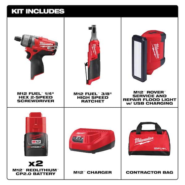 M12 12V Lithium-Ion Cordless Screwdriver, 3/8 in. High Speed Ratchet, Light Combo Kit (3-Tool) W/ 2 Batteries & Charger