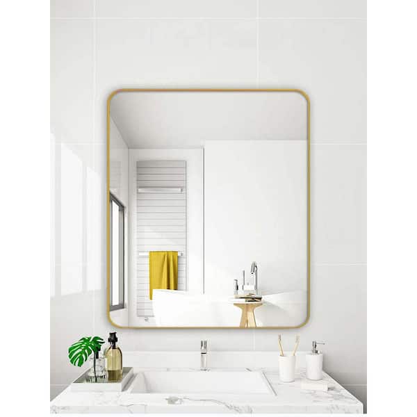 Unbranded 30 in. W x 36 in. H Aluminum Rectangular Framed Wall Bathroom Vanity Mirror in Gold