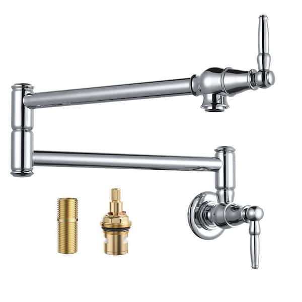 Wall Mounted Brass Pot Filler with Double-Handle Folding Kitchen Faucet in Polished Chrome