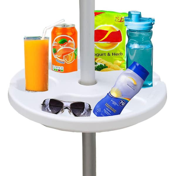 13 in. White Round Plastic Picnic Tables, Umbrella Table Tray for Beach, Patio, Garden, Swimming Pool with Cup Holders