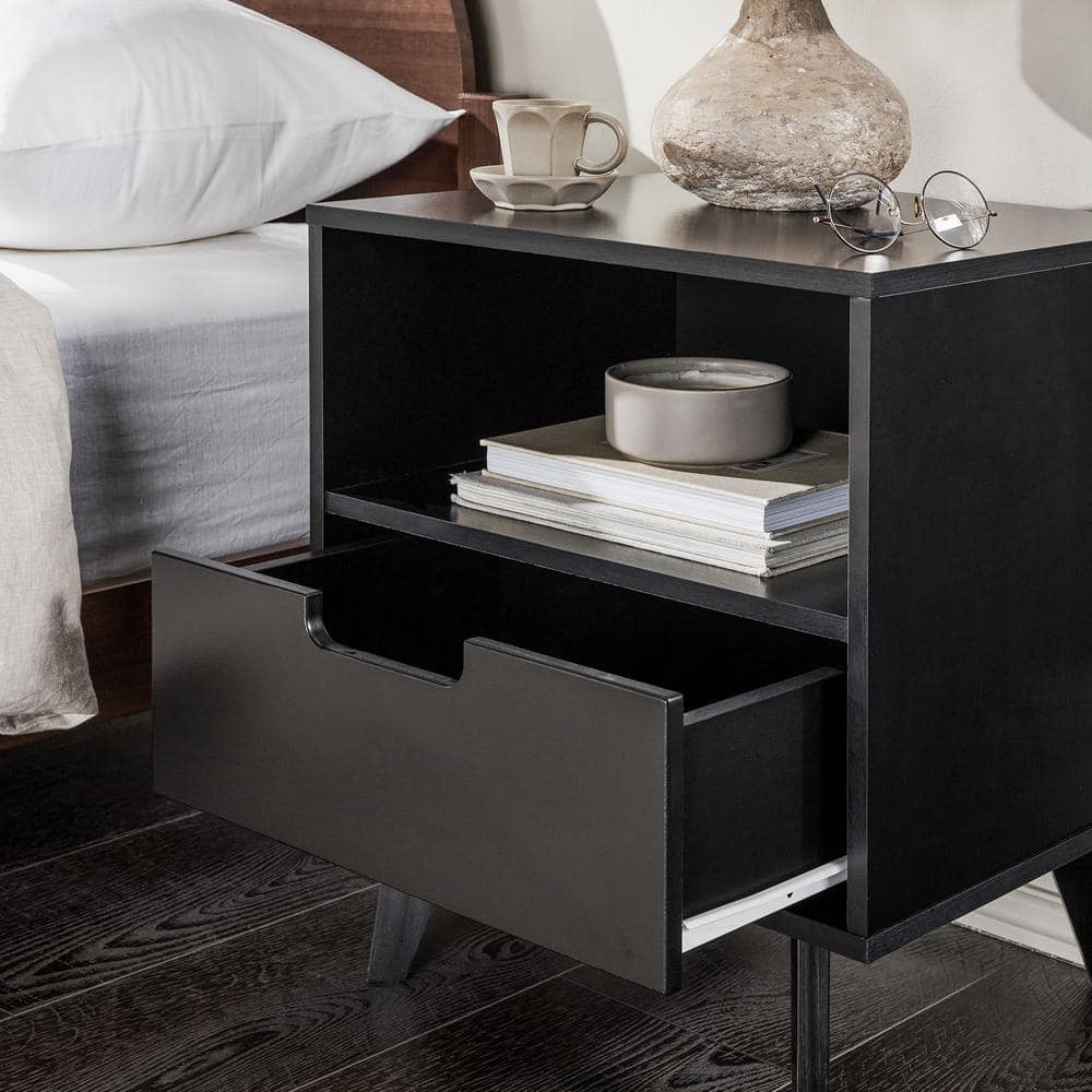 Black MDF 1-Drawer Nightstand with Open Cubby
