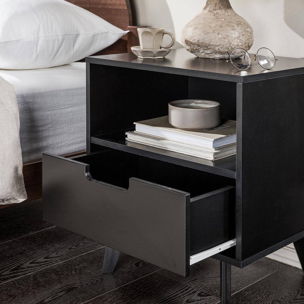 Black MDF 1-Drawer Nightstand with Open Cubby