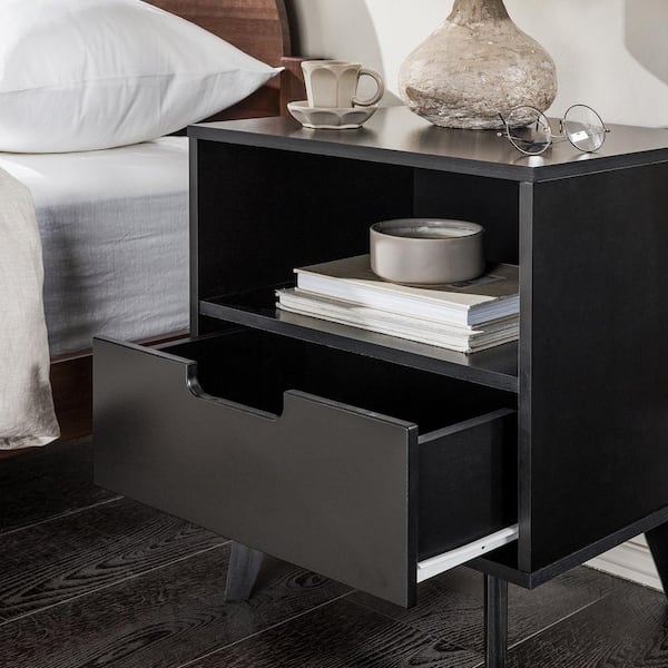 1-Drawer Black Wood Mid-Century Modern Nightstand with Cubby
