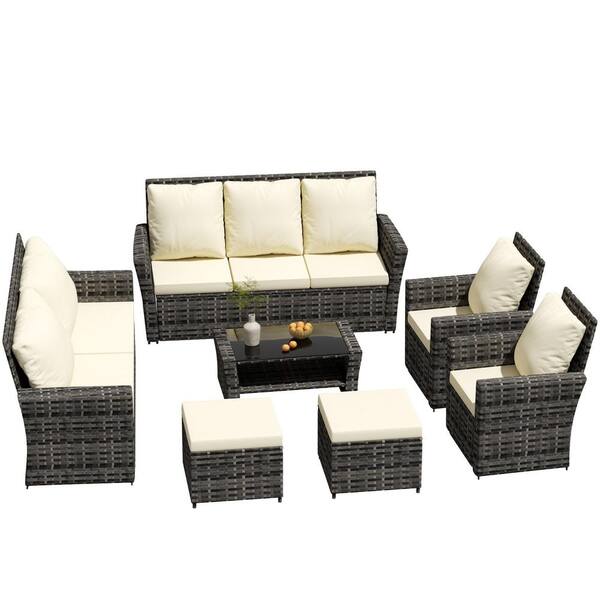 7 Pieces Rattan Outdoor Conversation Set with Beige Cushions, 9 Seater