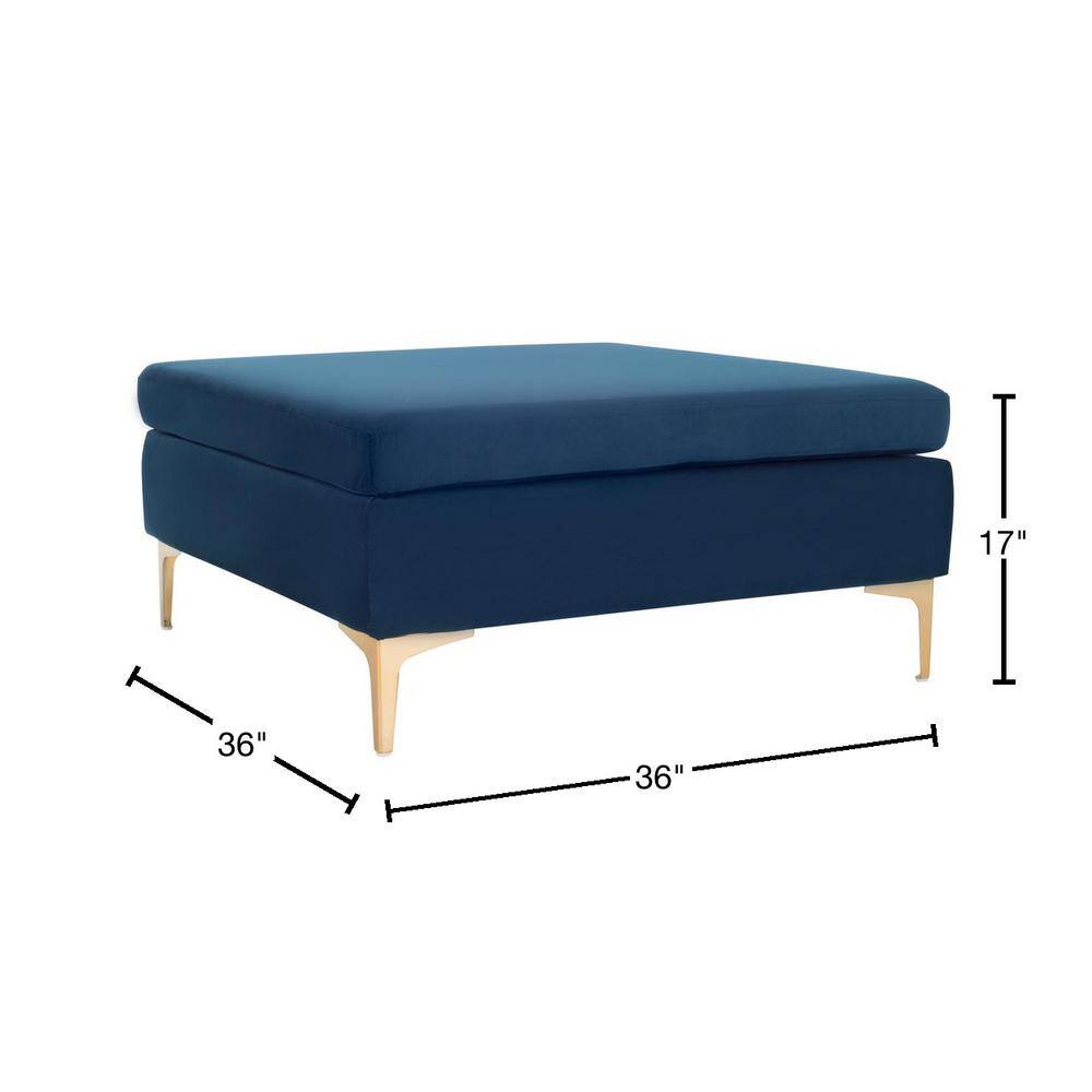 Giovanna Navy Velvet 36" Square Ottoman with Brass Metal Legs