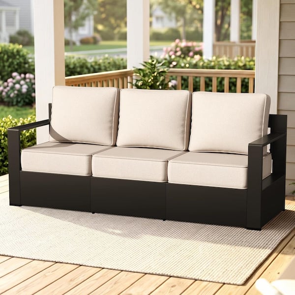 3-Seats Aluminum Outdoor Couch Patio Sofa with Deep Seating and Thick Beige Cushions