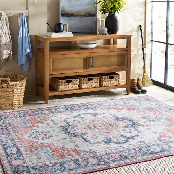 Martha Stewart Washable Rust/Blue 5 ft. x 7 ft. Machine Washable Floral Medallion Area Rug