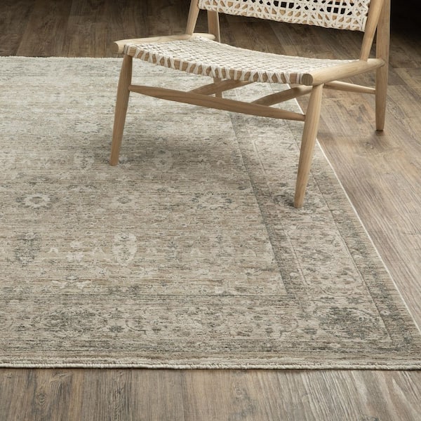 Ansley Beige/Gray 10 ft. x 13 ft. Oriental Distressed Floral Polyester Fringe-Edge Indoor Area Rug