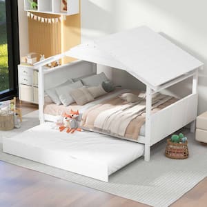 White Wood Full Size House Platform Bed with Twin Size Trundle and Storage Shelf