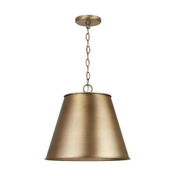 Welker 16 in. W x 14.5 in. H 1-Light Cone Pendant in Aged Brass with Metal Shade