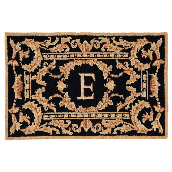 Monogram Black 3 ft. x 4 ft. "E" Ornate Leaf Indoor/Outdoor Area Rug