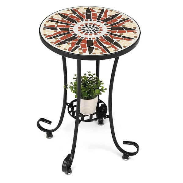 Unbranded Round Metal Outdoor Side Table with Ceramic Tile Top