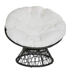 Papasan Chair with White Round Pillow-Top Cushion and Black Frame