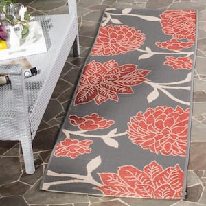 Courtyard Anthracite/Red 2 ft. x 10 ft. Floral Scroll Indoor/Outdoor Patio  Runner Rug