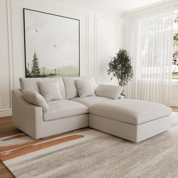 J&E Home 82.68 in. Slope Arm 3-Piece L-Shaped Linen Modern Oversize Modular Sectional Sofa Couch in Beige with Ottoman
