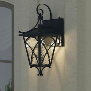 Hawaii 17.12 in. H 1-Light Black Classic Lantern Dusk to Dawn Hardwired Sconce with Water Glass