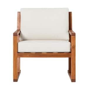 Brown Slatted Wood Modern Outdoor Lounge Chair with Bisque Cushions