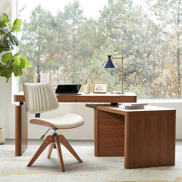 Leo Faux Leather Curved Wood Frame Adjustable Height Ergonomic Cushioned Armless Office Chair in Ivory