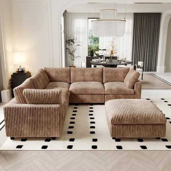 Modern 118 in. Square Arm Oversized Deep Seat Velvet 6-Piece L-Shaped Modular Sectional Sofa with Storage Ottoman, Brown