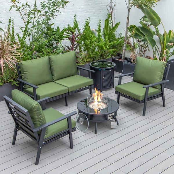 Leisuremod Walbrooke Black 5-Piece Aluminum Round Patio Fire Pit Set with Green Cushions, Slats Design and Tank Holder