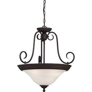 Troy 3-Light Indoor Antique Bronze Convertible Hanging Pendant/Semi-Flush Mount with Alabaster Glass Shade