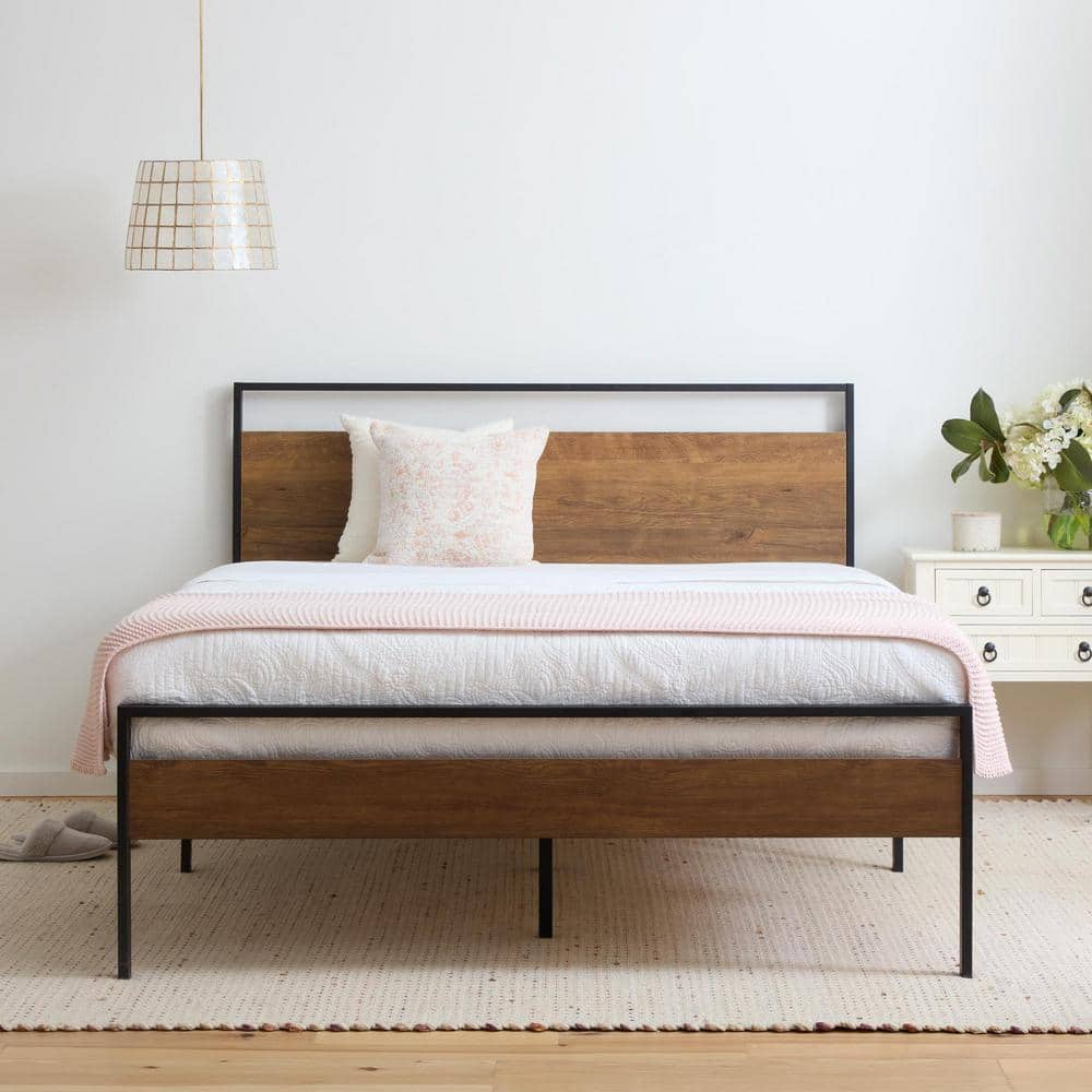 Modern Rustic King Platform Bed with Wood Frame and Slats