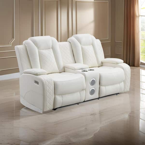 Benjara 75.25 in. Pillow Top Arm Fabric Rectangle Power Loveseat White USB Recliner Sofa in White