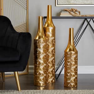 36 in., 30 in., 25 in. Gold Tall Distressed Metallic Metal Decorative Vase with Etched Swirl Patterns (Set of 3)