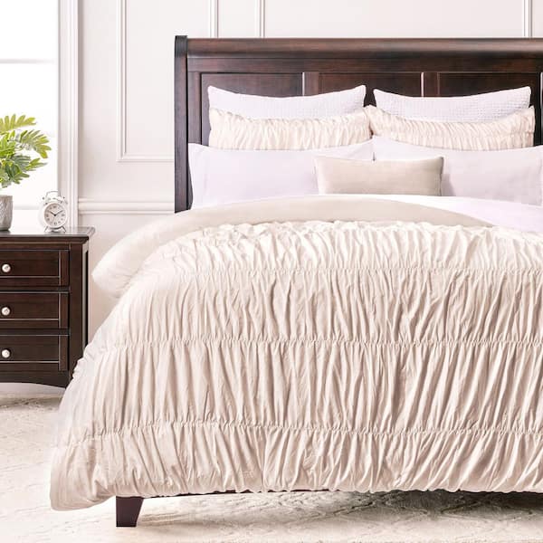 Ruched Textured Boho Chic Beige Solid Color Washed Microfiber Duvet Cover Set, King