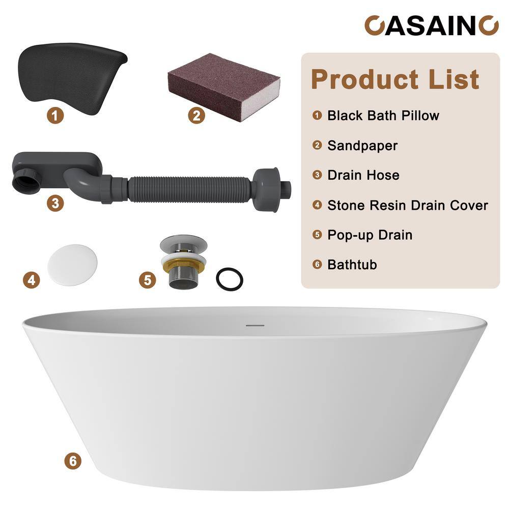67" Matte White Freestanding Solid Surface Resin Bathtub with Black Pillow