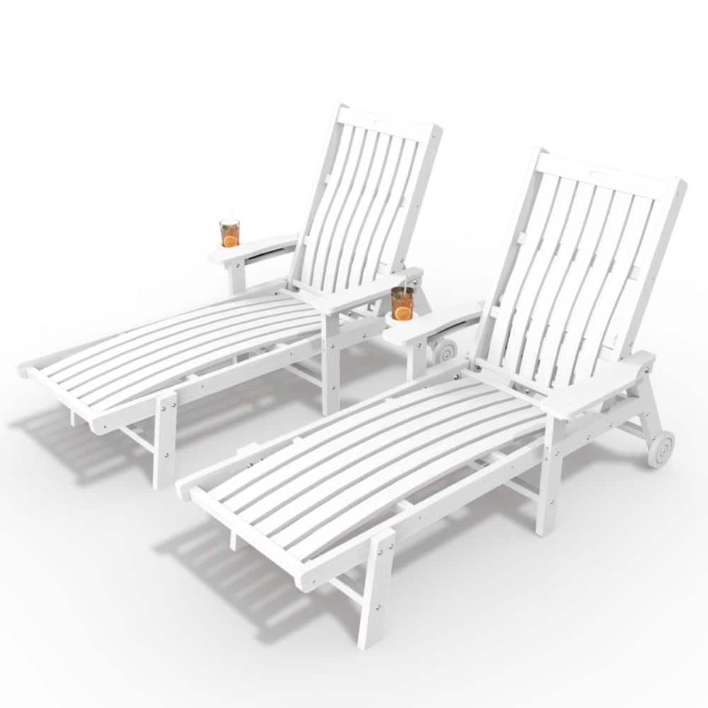 Outdoor HDPE Adjustable Reclining Chaise Lounge Chairs with Wheels and Cup Holders in White (Set of 2) price history on PriceWatchPro