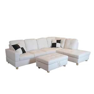 StarHomeLiving 103.50 W Square Arm 3-piece Faux Leather Straight Sectional Sofa in White with Storage Ottoman