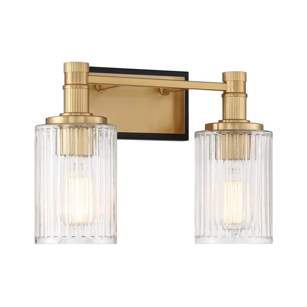 Matte Black and Warm Brass 2-Light Ribbed Glass Vanity Light