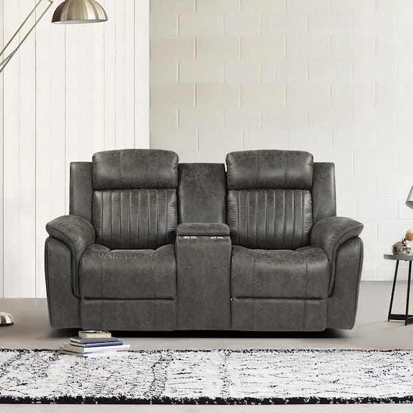 Lazzara Morelia 74 in. W Brownish Gray Microfiber Double Manual Reclining Loveseat with Center Console