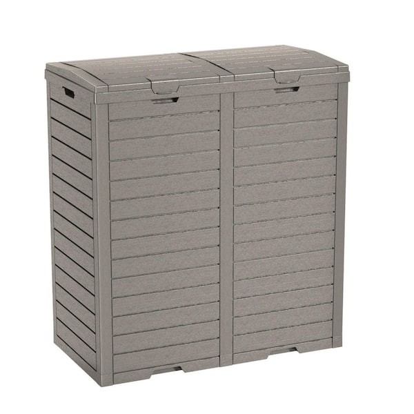 Gray 31 in. W x 16 in. D x 34 in. H Waterproof Resin 62 Gal. Outdoor Trash Can Storage with Drip Tray and Tiered Lid