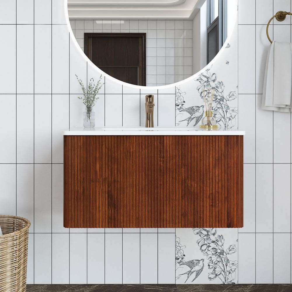 30 in. W x 18 in. D x 16 in. H Single Sink Wall-Mounted Bath Vanity in Waln