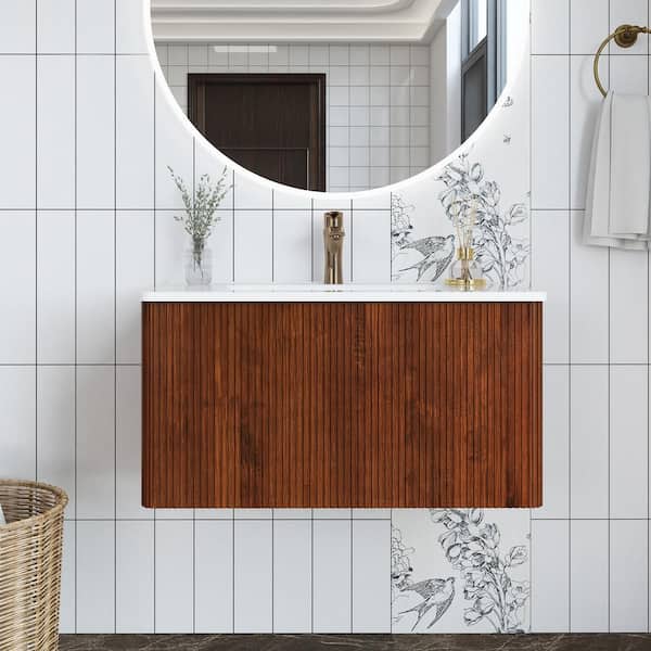 Unbranded 30 in. W x 18 in. D x 16 in. H Single Sink Wall-Mounted Bath Vanity in Walnut with White Ceramic Top