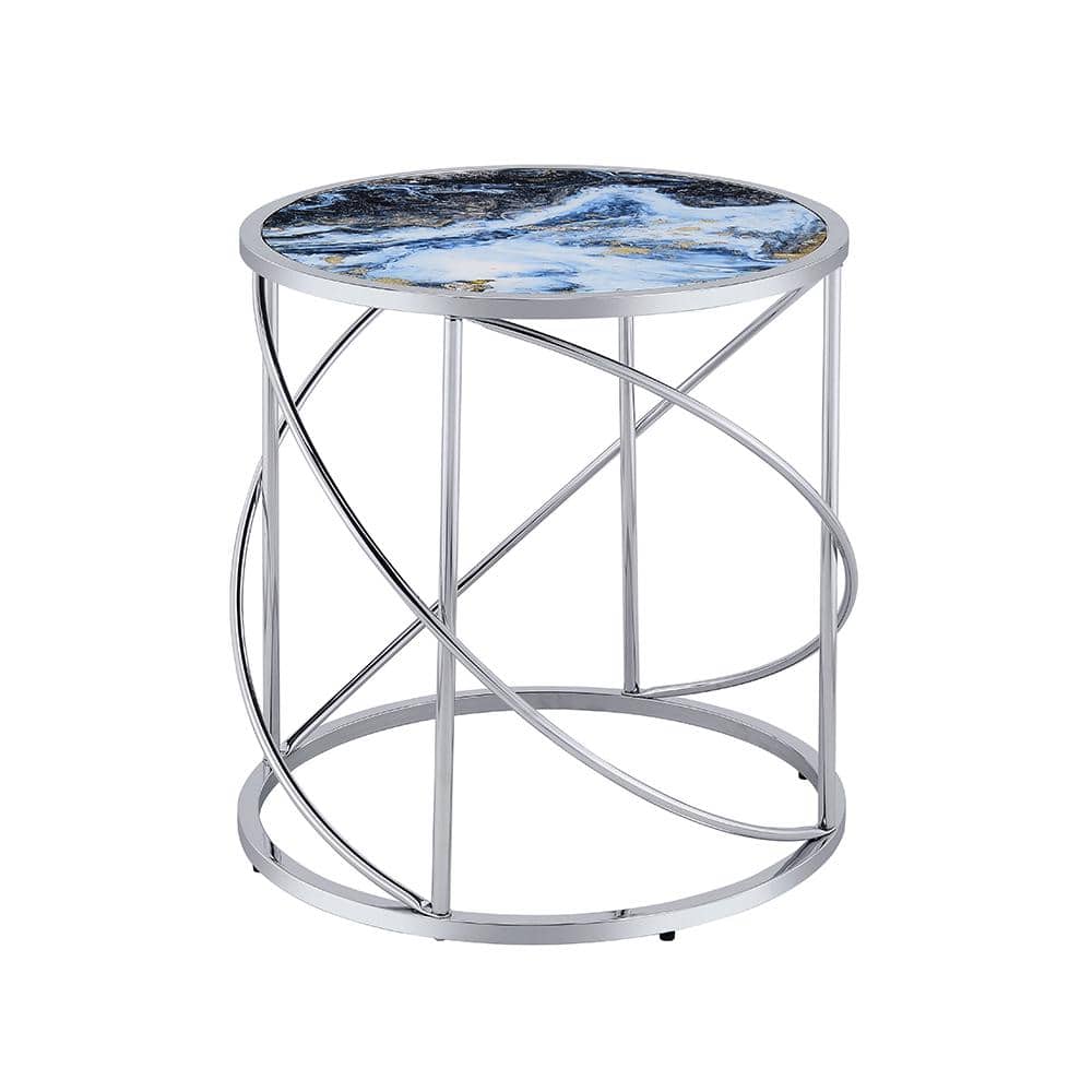 Lyda Round Blue Marble Print and Chrome End Table