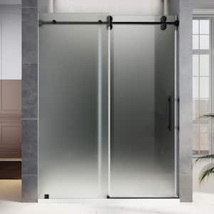 UKS04 56 to 60 in. W x 80 in. H Sliding Frameless Shower Door in Matte Black, Enduro Shield 3/8 in. Acid-Etch Glass