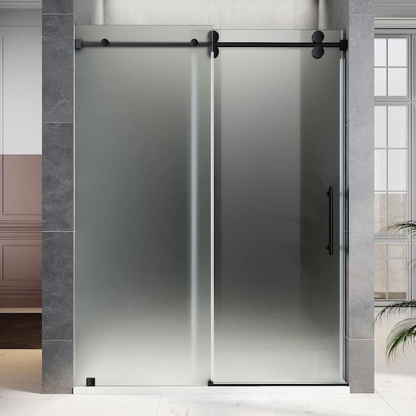 UNIKOO UKS04 56 to 60 in. W x 80 in. H Sliding Frameless Shower Door in Matte Black, Enduro Shield 3/8 in. Acid-Etch Glass