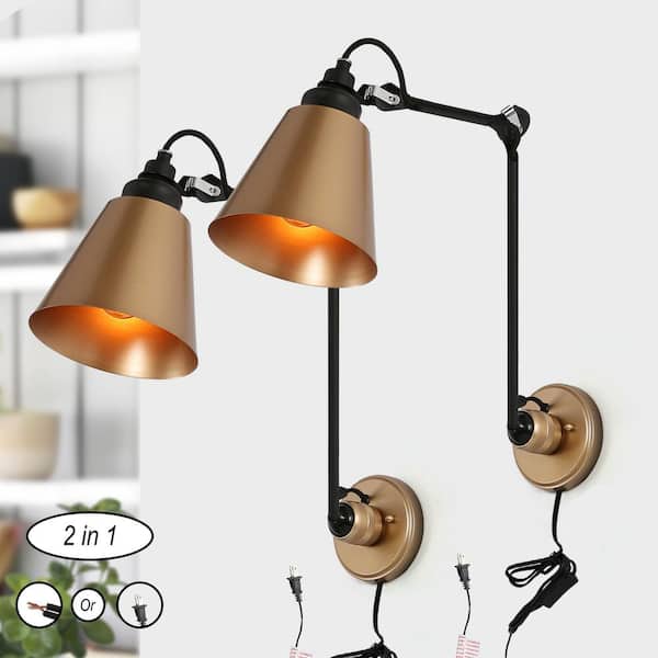 Uolfin Brass Plug-in/Hardwired Swing Arm Wall Lamp, Set of 2, 1-Light Modern Transitional Wall Sconce for Desk Table, Bedroom