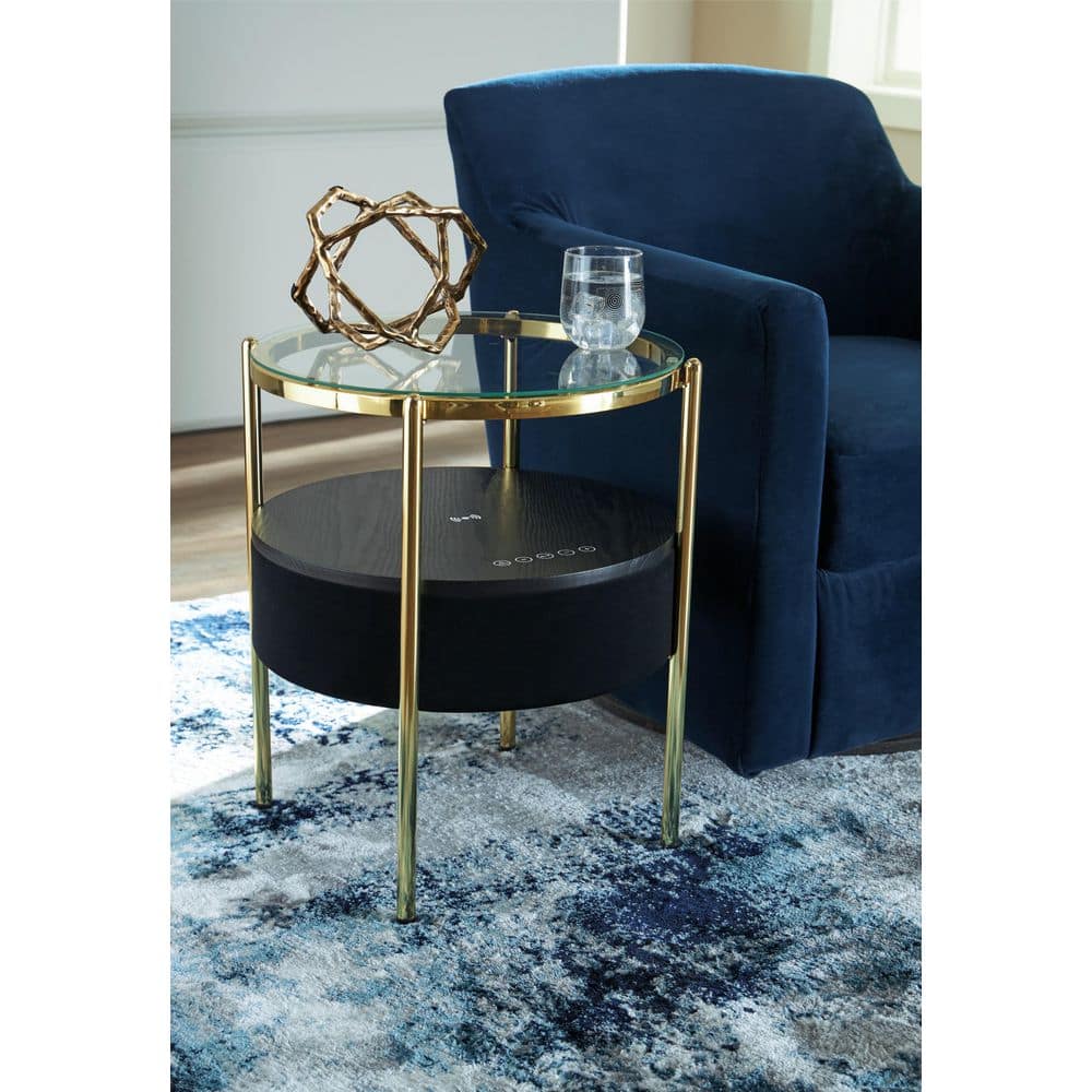 Nedman 19 in. Black/Gold Round Glass End Table with Shelves and Storage