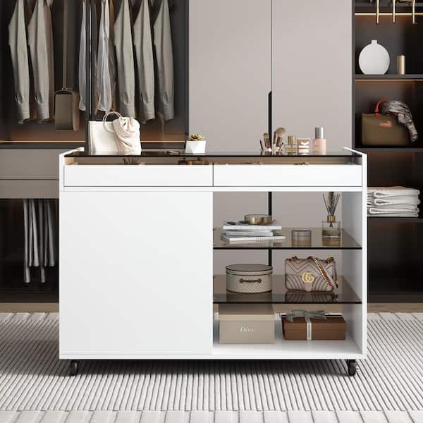 White Wood 43.3 in. Kitchen Island with 3 Side Storage Drawer, a Reversible Top Storage Space and 2 Shelves
