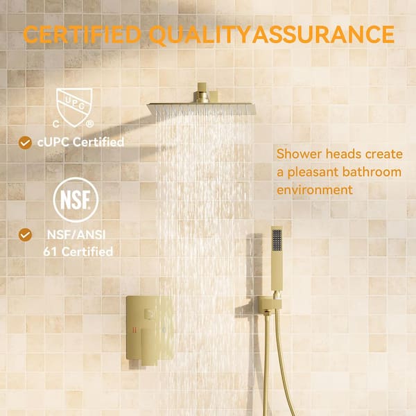 Wall Mount Shower System With 10-Inch Rain Head, 2-in-1 Handheld Sprayer, And Brass Valve – Brushed Gold Finish